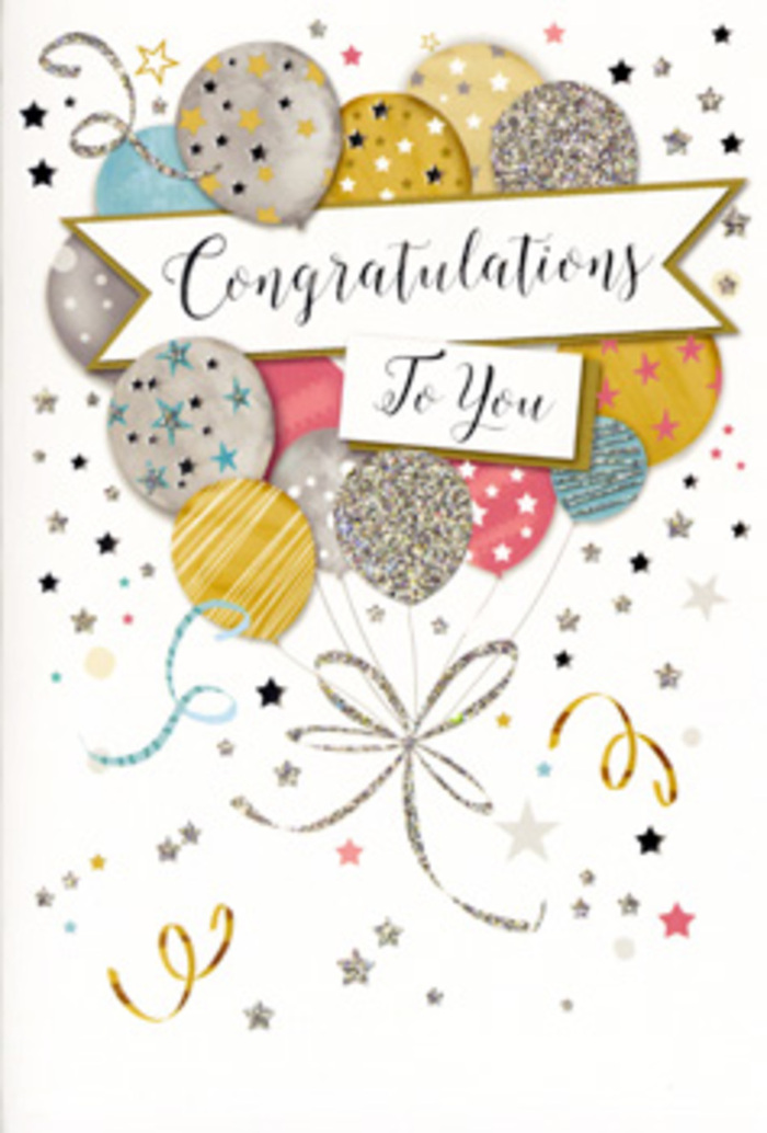 In this image, a beautifully composed congratulations card is shown, its design echoing the graceful lines and modern elegance of Nine Elms' new skyline. At the heart of the card floats a cluster of celebrating balloons, illustrated with a soft metallic sheen in shades of gold, silver, champagne, sky blue, blush pink, and gentle grey. They are arranged so that some sit proudly at the front while others peek from behind, creating a sense of depth and gentle lift, as though caught in an updraft near the Thames. Each balloon is unique, decorated with tiny twinkling stars, narrow bands, or speckled, glitter-like textures that mimic the sparkle of city lights at dusk. From the base of this cluster, delicate strings descend and swirl together, inked in flowing strokes of gold and silver that loop and curve in an almost calligraphic way, much like the finishing ribbon we tie around a hand-tied bouquet created for Nine Elms residents. The background is a calm, light tone, possibly warm white or soft cream, scattered with metallic stars, ribbon curls, and small, playful dots that give the illusion of confetti drifting down through the air. These elements remain airy, ensuring the design feels celebratory yet uncluttered. Running through the centre is a banner-shaped panel, its edges softly rolled and shaded for a three-dimensional effect. On this banner, the words Congratulations To You are written in flowing, elegant script, evenly spaced and easy to read, striking a balance between formality and heartfelt warmth. The card surface appears smooth with areas of subtle sheen, hinting at raised print or glitter that would be pleasant to trace with a fingertip. Overall, the image suggests a card chosen to accompany a thoughtfully arranged bouquet for milestones such as promotions, exam results, or special achievements celebrated in and around Nine Elms.