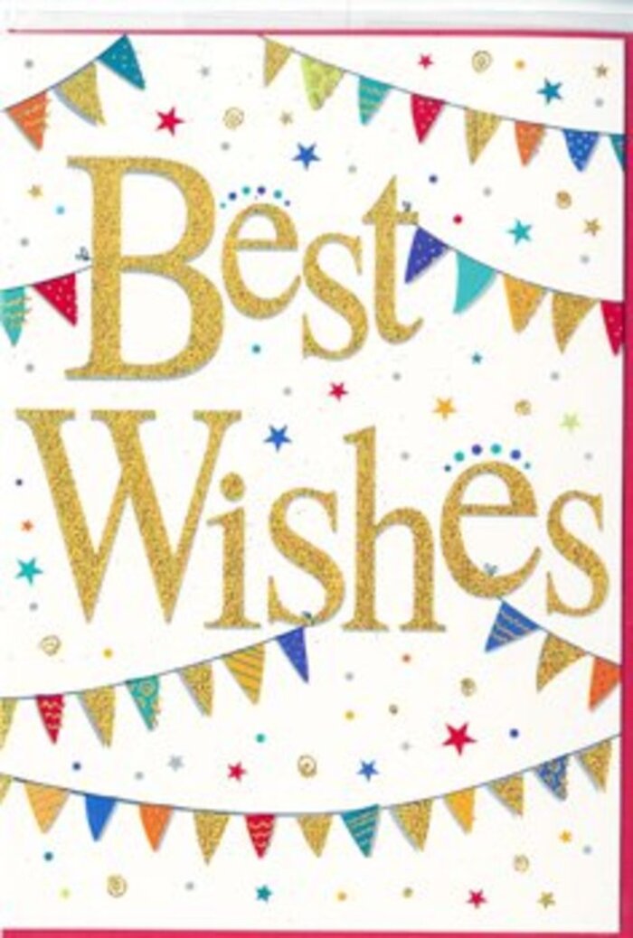 The Best Wishes card depicted here captures the spirit of a modern celebration, the sort you might enjoy in one of Nine Elms' new riverside venues. A crisp white backdrop forms the foundation of the design, evoking light and space. In the centre, the greeting Best Wishes is written in generous, flowing script, embossed in rich gold that shimmers softly when viewed from different angles. The lettering has a slightly raised texture, suggesting that if you ran your fingers across it, you'd feel each curve and loop of the calligraphy. The golden tone isn't harsh; instead, it has a warm glow, like late afternoon sunshine reflecting off the glass buildings and water along the Thames. Framing this message, delicate arcs of bunting sweep across the top and bottom sections of the card. Each tiny triangular flag is painted in joyful colour combinations-deep blues, cherry reds, lime greens, sunny yellows, and pastel accents-many featuring playful designs such as narrow stripes, polka dots, or subtle geometric patterns. The bunting strands create a sense of movement, as though gently lifted by a breeze drifting through one of the new open squares near Nine Elms Lane. Dotted over the white space, small star motifs and coloured confetti dots float lightly, positioned to feel random yet balanced, reinforcing the idea of a celebration frozen in time. The overall impact is cheerful but also refined, making this card suitable for a wide range of occasions, from congratulating someone on a promotion in a nearby office block to wishing luck to a friend moving into a new apartment in SW8. It looks like the ideal companion to a hand-tied bouquet carefully arranged by Flower Delivery Nine Elms, carrying heartfelt encouragement and genuine joy.