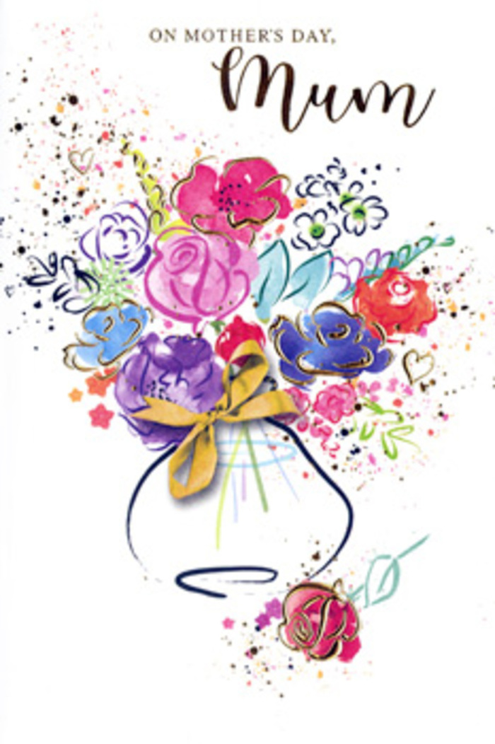 The Mother's Day card depicts an exuberant, watercolour bouquet that feels both free-spirited and thoughtfully composed, as though sketched in a creative studio just off Nine Elms Lane. Bold strokes of hot pink, cerise, and deep magenta form the primary blooms, evoking lush roses and companions at the peak of their beauty. These are interwoven with pools of indigo and soft blue, their coolness adding dimension and shadow, much like the interplay of light and shade on the modern buildings and green spaces around the US Embassy and nearby parks. Soft apricot and chartreuse touches peek through, hinting at fresh buds and leaves just emerging, bringing a subtle sense of renewal. Fine, luminous gold lines accent selected petals and foliage, tracing delicate edges and lending a quiet shimmer that feels akin to late afternoon sun reflecting off the Thames beside Nine Elms. The bouquet appears to burst from its loosely painted vase below, the container rendered in pale washes that curve into a gentle, rounded form. A neat golden bow cinches the design at the base, recalling the satisfying moment a florist pulls ribbon tight around a finished arrangement bound for a Mother's Day surprise. Around the main cluster, tiny hearts, dots, and splashes of colour drift outward onto the white background, like confetti or petals scattered in celebration, amplifying the sense of joy. Despite the movement and richness of tone, the composition remains balanced and calm, creating an image that radiates love, gratitude, and admiration-the kind of feelings families throughout Nine Elms might hope to express when sending flowers or cards to a cherished mum.