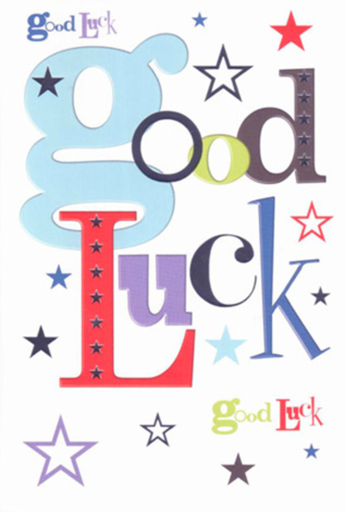 A bright and welcoming good luck card is centred in the image, its fresh white background immediately suggesting clean paper and new beginnings, like the first glimpse of a bouquet arriving at a Nine Elms doorstep. Spread across the middle are the words Good Luck, though not in a single straight line; instead, each letter has been set free, shifted slightly up, down, and side to side, turning the phrase into a playful collage of colour and typography. The most eye-catching character is a broad, baby-blue lowercase g, rounded and open, setting a friendly and optimistic tone. Around it, other letters appear in strong reds, moss greens, deep purples, and charcoal blacks, each with its own weight and style-some tall and narrow, others chunky and bold-like different flower shapes carefully chosen to complement one another in a hand-tied design made just off Nine Elms Lane. Scattered around and between the letters are numerous tiny five-pointed stars. They vary in scale and strength of colour, from saturated navy and indigo to light sky-blue, lilac, and muted lavender, with the occasional bright lime-toned accent. Some stars look crisp and prominent, others are faint and softly printed, giving the impression of depth, as if some are closer and some drifting further into an imagined sky above the Thames. The cardstock itself appears smooth, with a matt finish that would feel pleasantly velvety under your fingertips, sturdy enough to tuck into a bouquet wrap without bending. Even, natural-style lighting keeps shadows minimal and whites true, so the colours pop without glaring. Altogether, the design conveys encouragement, joy, and a sense of momentum-perfect to accompany fresh blooms for an exam good luck wish near Battersea, a new flat move in one of the local developments, or any fresh chapter beginning in the heart of Nine Elms.