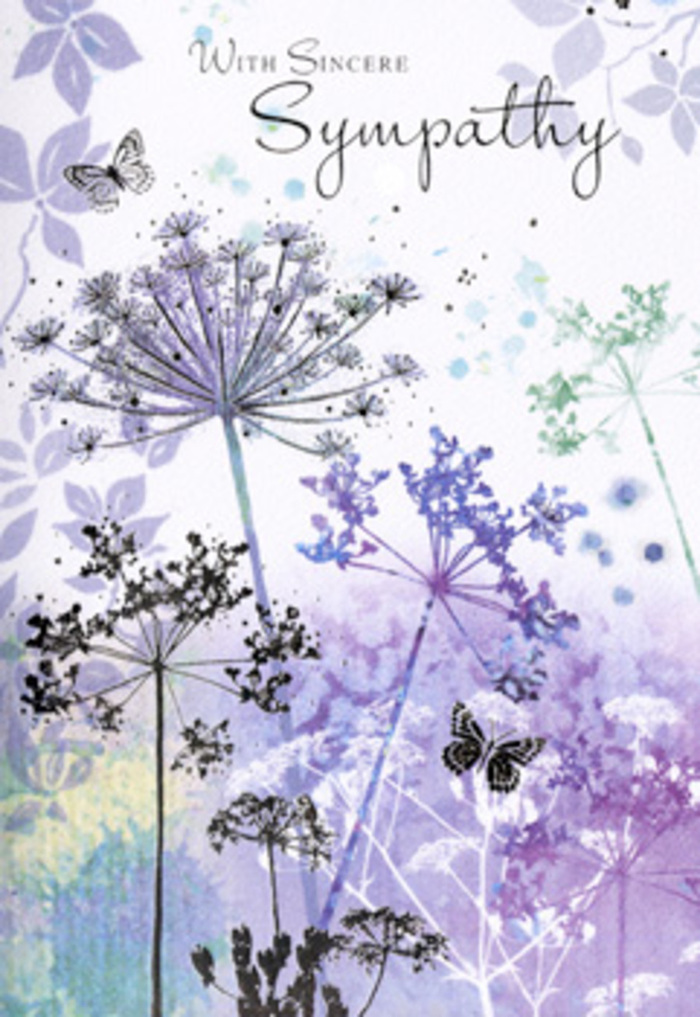 There is a contemplative stillness in this sympathy card's design, the kind of hush you might feel pausing on a quiet stretch near Nine Elms, listening to the river move unseen. Slender wildflower stalks rise vertically across the card, their lines fine and elegant, painted in gentle greens that fade almost imperceptibly into a backdrop of violet, indigo, and powder blue. At the crown of each stem sits a delicate umbel of tiny blossoms, rendered like lace or soft filigree, with petals suggested by minute strokes of soft lavender and cool blue-grey. The flowerheads are not dense; instead, they allow pockets of light to filter through, giving the impression of something both fragile and enduring. Hovering in this airy space are a couple of butterflies, their wings a whisper of colour and line, so light they seem ready to disappear into the surrounding wash. They bring a suggestion of quiet hope and continuing presence, much like the way well-chosen flowers can bring a faint warmth to a sombre gathering at a local chapel. The background resembles a gentle watercolour sky, colours merging fluidly with no hard edges, mirroring the subtle shifts of light you might see reflected on the Thames by the new Nine Elms developments. As someone who arranges condolence flowers for families in the area, I recognise in this card the visual equivalent of a softly spoken message: respectful, understated, and thoughtful. The overall effect is to invite a moment of calm reflection, offering solace through its muted palette and delicate natural forms, without ever becoming heavy or intrusive.