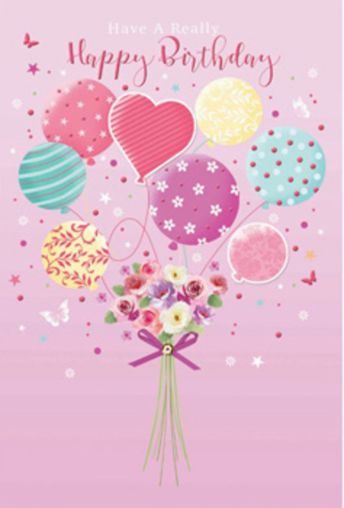 Evocative birthday card scene where balloons and flowers seem to hover weightlessly, much like the relaxed atmosphere along the Nine Elms riverfront on a bright morning. The background is a calm blush pink wash, soft and inviting. From this base, a group of pastel balloons lifts gracefully upwards, in hues of gentle pink, mint and sea green, buttery yellow, and lavender. Each balloon is decorated differently: some wear candy-like stripes that curl softly around their shape, others are dotted with cheerful, dancing spots, while a few carry stylised floral and swirling patterns. At the centre of the cluster, a heart-shaped balloon adds a note of affection and warmth, suggesting a birthday greeting from someone who truly cares. Below, acting as the anchor to all this lightness, sits a hand-tied bouquet of petite roses and daisy-style blooms. Their petals are full and soft, blending from cream to blush pink and deeper fuchsia, reminiscent of fresh stems gathered at a local market near Nine Elms station. The bouquet is tied with a sparkling purple bow, the satin ribbon catching soft highlights, giving the impression of a beautifully wrapped birthday arrangement ready for delivery. Around the design, tiny butterflies and small, shimmering star motifs appear to drift in the air, evoking confetti swirling after a celebration along the Thames Path. Gentle, even lighting spills across the artwork, adding a delicate sheen to the balloons and a subtle glow to the floral petals. The mood is tender and jubilant at once-perfect for a birthday card that feels as special and thoughtfully curated as a same-day floral surprise sent to a loved one living in Nine Elms.