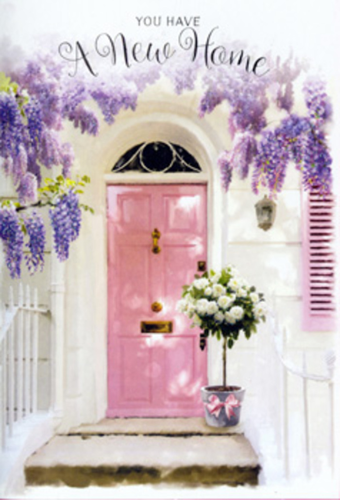 The scene unfolds at a front doorstep that could easily belong to a quiet lane just off Nine Elms Lane, where pockets of charm soften the area's modern architecture. A front door painted in a calm, chalky pink stands centre stage, its panelled surface smooth and reassuring, suggesting a space ready to be lived in and loved. Overhead and to each side, wisteria pours down in generous drifts of lavender blooms, the flower clusters elongated and loose, brushing the top of the frame as though caught mid-sway in a light breeze. The whitewashed walls behind the wisteria provide a clean, neutral backdrop, allowing every purple and blush tone to stand out crisply, while a single shutter in a matching pastel shade echoes the door's colour, tying the whole façade together with understated elegance. At the base of the doorway, resting on a worn stone step, a grey metal bucket has been thoughtfully repurposed as a container for an abundant rose arrangement. The roses inside are a mixture of white and gentle cream, each blossom open and multi-layered, their petals arranged in soft spirals that create a plush, inviting texture. Wisps of greenery thread between the blooms, adding depth and hints of natural movement, like glimpses of the nearby green spaces scattered between Nine Elms and Battersea. A soft pink ribbon encircles the bucket, tied into a loose, graceful bow, its tails trailing just enough to look effortlessly styled. Sunlight filters across the composition, casting gentle highlights on petals and metal, and creating shadows that make the doorway feel three-dimensional and real. The atmosphere suggests a tender housewarming gesture, a florist-crafted tribute to new beginnings-a floral welcome perfect for someone settling into a freshly finished apartment or townhouse in Nine Elms, filled with hope, comfort, and the promise of home.