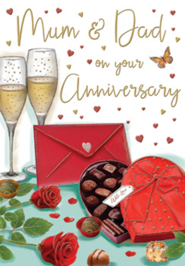 Atmospheric anniversary card illustration showing a romantic still life, drawn with the softness of evening light you might find in a quiet Nine Elms living room. The focal point is a pair of tall champagne flutes placed closely together, their slim stems and curved bowls rendered with fine highlights that suggest clear, sparkling glass. Each flute is filled with pale, effervescent champagne, with hundreds of tiny bubbles rising in neat columns, catching specks of light like miniature stars. Just beside them, an open heart-shaped chocolate box commands attention, its rich red casing decorated with a voluminous bow in the same shade, the ribbon's folds and gentle creases giving a sense of luxurious texture. The lid is tipped back to reveal a carefully arranged selection of assorted truffles, each chocolate given depth and shine so that you can almost imagine the smooth surface under your fingertips. To one side, two illustrated red roses rest on the tabletop, their petals drawn in opulent layers of crimson and ruby, contrasted by touches of soft green foliage that recall freshly cut stems from a local Nine Elms flower shop. A couple of chocolates have slipped from the box to the table, adding a note of relaxed indulgence. A scarlet envelope, perfectly sealed, lies nearby, inviting thoughts of heartfelt words addressed to Mum & Dad and perhaps opened after a gentle walk along the riverside paths. The entire scene is framed by scattered golden and crimson hearts drifting across a light background, with subtle glimmers that look like candle sparks or city lights in the distance. The overall feeling is one of warmth, intimacy, and gratitude, wrapped in red, gold, and cream tones that evoke roses, chocolate, and the quiet happiness of an anniversary evening at home.