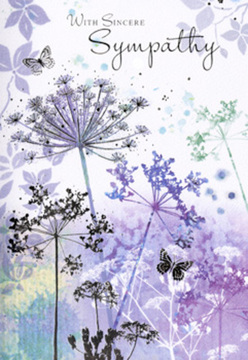 The artwork on this sympathy card unfolds like a gentle exhale, reminiscent of the soft calm that settles along the Thames near Nine Elms when the day draws to a close. In the foreground, tall, slender stems rise from an invisible ground, each crowned with delicate umbel-shaped flowerheads. These blooms are rendered in fine, almost filigree detail, washed in tones of violet, dusty blue, and subdued lavender, with hints of silvery green along the stems and leaves. The edges of the petals are feathered and translucent, so they seem to shimmer slightly against the softly blended background, as if swayed by a breeze threading its way through riverside grasses. Around and between the flowers, light butterflies drift with wings that are only faintly outlined, their bodies gently suggested rather than sharply drawn. Their near-transparency gives them an ethereal quality, evoking the idea of presence that can be felt even when it is no longer seen. The background is a soothing watercolour gradient, moving from a tender lilac at the base up into more misted greys and blues, like a quiet sky over nearby Battersea Power Station after rain. As a local florist used to preparing sympathy arrangements for Nine Elms families, I recognise the same careful restraint here that we use when crafting a condolence bouquet: each element has room to breathe, each colour calms rather than competes. The entire scene is bathed in gentle, even light, with no dramatic shadows, creating an atmosphere of reflection and soft comfort well-suited to expressing heartfelt sympathy without overwhelming the recipient.