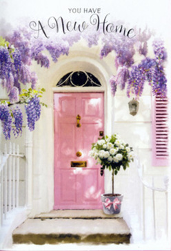 This photograph presents a serene doorway scene that feels right at home in the evolving neighbourhood of Nine Elms, where modern riverside apartments meet quiet, flower-filled corners. A painted pink front door, softly muted rather than bright, forms the heart of the composition. Its colour suggests warmth and approachability, like a gentle pause between the busy roads and the tranquillity of the Thames. Around and above it, wisteria cascades in generous swathes of lavender, the blooms hanging in elongated clusters that sway visually across the frame. Each drooping stem is dense with tiny flowers, giving the impression of a fragrant, natural curtain parting around the entrance. The surrounding walls are whitewashed, their light tone allowing the purple wisteria and blush door to stand out clearly, while a coordinating shutter in a similar pastel pink completes the balanced, romantic façade. At ground level, on the stone step, sits a sturdy grey tin bucket transformed into an elegant vessel for floristry. It holds a lavish bouquet of white and cream roses, arranged so the blooms crowd together in a full, rounded mound of velvety petals. Threaded through the roses, touches of soft green foliage add texture and a hint of woodland charm, evoking the calmer spaces around nearby Vauxhall Park. A slim pink ribbon is tied around the bottom of the bucket, its simple bow adding a touch of whimsy and cohesion with the door's hue. The scene is bathed in gentle, natural light, with subtle shadows emphasizing depth and form. Everything about the image speaks of welcome and new beginnings-a thoughtful floral gesture ideal for congratulating someone on a fresh start in Nine Elms, perhaps on collecting the keys to their new riverside home.