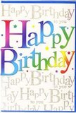 The picture presents a joyful birthday card whose vibrant style could easily brighten a coffee table in a Nine Elms flat. At the forefront, the message Happy Birthday dominates in wide, rounded letters that span nearly the full width of the card. Each letter is painted in a fluid gradient of colour, flowing from lush crimson and raspberry pink into radiant orange and sunshine yellow, then merging into fresh spring green, turquoise, and rich cobalt, creating a harmonious rainbow that feels both playful and sophisticated. The gradient is smooth and glossy-looking, giving the impression of polished enamel or blown glass illuminated by soft indoor light. Behind these bold letters, the background is covered with the repeated phrase Happy Birthday to you in a delicate, cursive gold script that weaves gently from line to line, like the looping notes of a familiar birthday song drifting through a party near Riverlight Quay. The gold tone appears subtly metallic, lending the background a refined glimmer without overpowering the colourful headline. Light flecks and tiny star-like details, drawn in pale colours that echo the main palette, are sprinkled across the card, adding a sense of movement and making it feel as though a handful of confetti has just settled. The card stock itself seems smooth and softly reflective, likely with a satin finish that enhances the depth of the colours. Together, these elements create a feeling of full-hearted celebration, the printed equivalent of walking in with an armful of fresh blooms and big smiles. It's a design that turns a simple birthday message into a little moment of joy, perfect for sending to friends and family across Nine Elms.