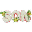 A tender, three-dimensional memorial arrangement spells the word SON in full capital letters, each letter sculpted from densely packed, pristine white chrysanthemum heads that create a cloud-like, velvety surface. The composition sits against a clean white background and is rimmed with a continuous scalloped border of vibrant red ribbon, hand-folded and looped to trace the outer edges and the inner curve of the O, giving a defined, quietly striking silhouette. At the upper left curve of the S, the lower centre of the O and the upper right stroke of the N, three lime-green Cymbidium orchids anchor the design; their waxy petals carry a subtle pale yellow-green tone with a delicate reddish-brown marking in each throat, catching the soft studio light and introducing a gentle warmth. Sprays of glossy green leaves and fine fern fronds weave around the orchids and trail softly along the letters, adding vertical lines and natural texture against the compact chrysanthemum mass. The chrysanthemums' small, crisp petals and the orchids' smooth, satiny blooms provide tactile contrast-one impression of quiet purity, the other of refined presence-while the red ribbon offers a visual language of love and remembrance. The overall effect is sober, carefully crafted and deeply personal, the kind of tribute families in Nine Elms and nearby Battersea might choose for a graveside or funeral service. As a local florist familiar with the area from the riverside at Battersea Power Station to the markets near New Covent Garden, I describe this piece to convey its shape, scent memory of fresh chrysanthemums and orchids, and the respectful tone it brings to moments of farewell.