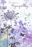 This sympathy card feels like a visual whisper, an image that might accompany a slow walk along the quieter paths of Nine Elms when the sky turns lavender. Fine, filament-like stems stretch upwards across the page, each one supporting an umbel of dainty wildflowers drawn in intricate, lace-like strokes. Their colours are subdued yet harmonious: gentle lavenders, cool indigos, and soft blue-greys layered over hints of silvery green, allowing each bloom to seem both distinct and faintly blurred at the edges. The petals are not sharply defined; instead, they melt delicately into a background that shifts through washes of violet and misted blue, echoing the look of distant lights softened by evening haze near the river. Among these wispy forms, a few butterflies hover with wings barely suggested by translucent touches of pigment, their presence more felt than seen. They introduce a quiet idea of transformation and continuity, appropriate for a card meant to accompany condolences and shared memories. The light in the illustration is gentle and even, without strong shadows, so the flowers and butterflies appear almost suspended in a calm, protective atmosphere. As a florist who serves bereaved families in Nine Elms, I see in this image the same care we bring when placing a single, graceful stem into a sympathy arrangement: every detail aims to soothe, not to startle. The artwork's muted tones and airy spacing create a sense of breathing room for the heart, making this card a comforting vessel for sincere words of support during times of loss.