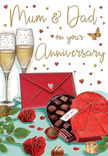 Romantic and detailed anniversary card design that feels like a treasured moment set on a table in a Nine Elms flat, ready for Mum & Dad to enjoy. In the centre of the illustration, two elegant champagne flutes stand side by side, subtly leaning toward each other as though sharing a secret. They are filled with golden champagne, with tiny bubbles rising steadily, catching glints of soft light that hint at a cosy evening atmosphere. On one side, an open heart-shaped box of chocolates draws the eye, its deep red exterior wrapped in a flowing red bow whose satin tails spill attractively over the edge. Inside the box, rows of illustrated truffles sit snugly in their dark tray, varied in size and shape but all rendered with a glossy finish that suggests rich, decadent flavours. Nestled alongside this indulgent centrepiece are two luxurious red roses, their velvety petals unfolding in plush layers of crimson, framed by subtle green leaves that suggest fresh, florist-quality stems. A few chocolates have been depicted outside the box, resting casually on the tabletop, as if someone has already picked out a favourite. In front of the arrangement lies a sealed scarlet envelope, angled as though recently placed there, hinting at a heartfelt, handwritten anniversary message waiting to be opened. Softly scattered across the background are small red and golden hearts and shimmering lines, giving the impression of delicate confetti or the sparkle of city lights from the Nine Elms skyline. The overall palette of ruby reds, warm golds, and creamy highlights creates a cosy, celebratory mood, evoking the imagined scent of roses, the sweetness of chocolate, and the quiet joy of an anniversary evening shared at home near the river.